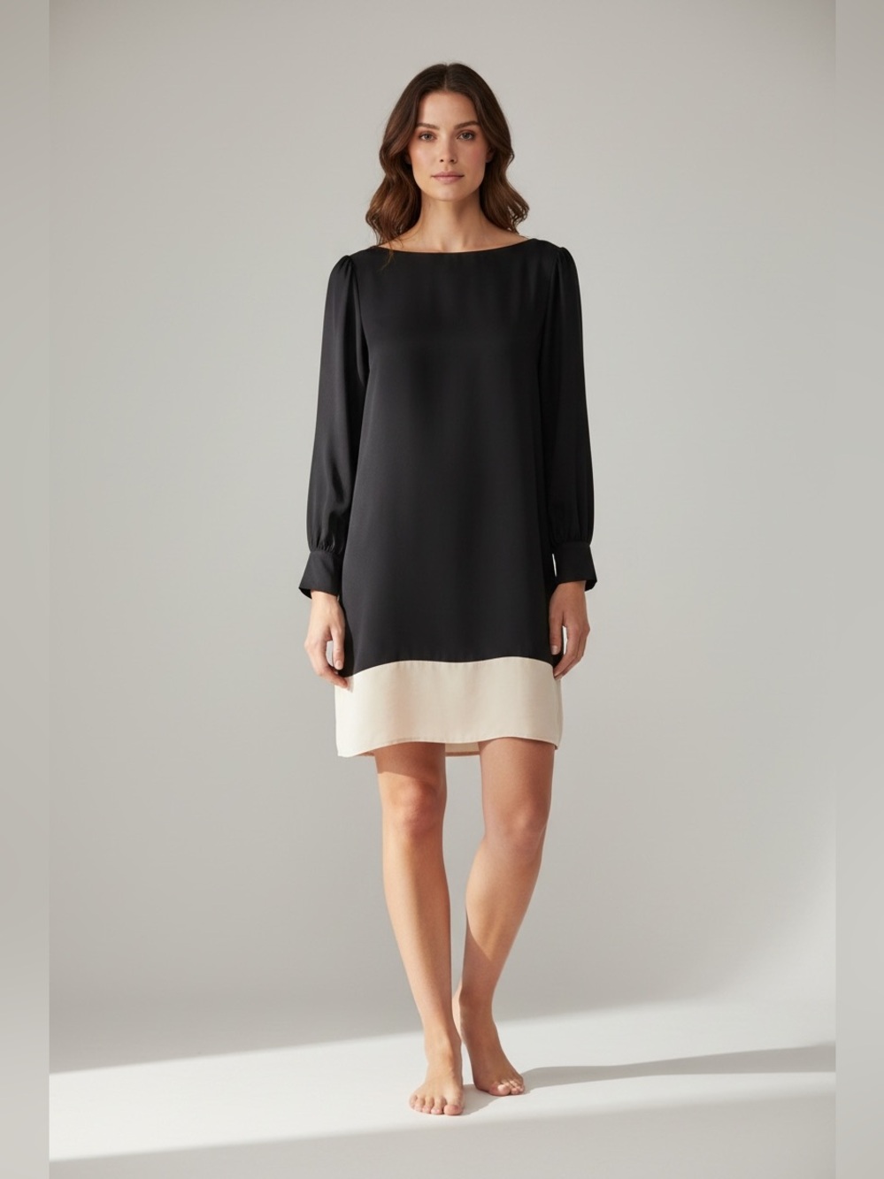 Rieley Contrast Hem Long Sleeve Silk Dress // Black & Beige // Large